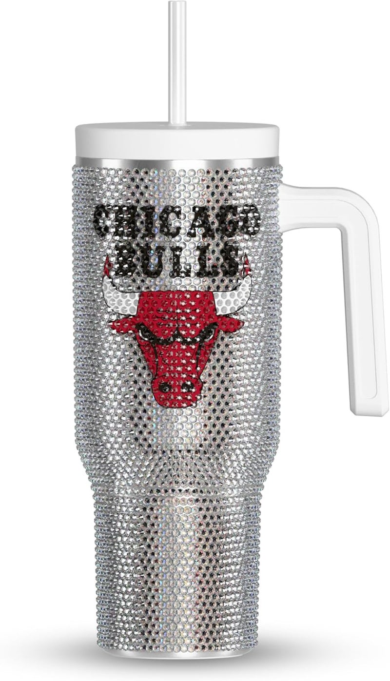 Hydrapeak x NBA Officially Licensed Chicago Bulls Voyager 40 oz Stainless Steel Bling Tumbler with Handle, Insulated Rhinestone Water Bottle With Straw & Lid, Includes Gift Box - Image 1